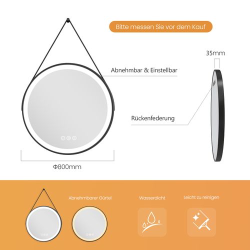 Miroir Lumineux Salle De Bain Rond 80cm Noir Anti-buée Tactile 3 Couleurs De LED Lumières