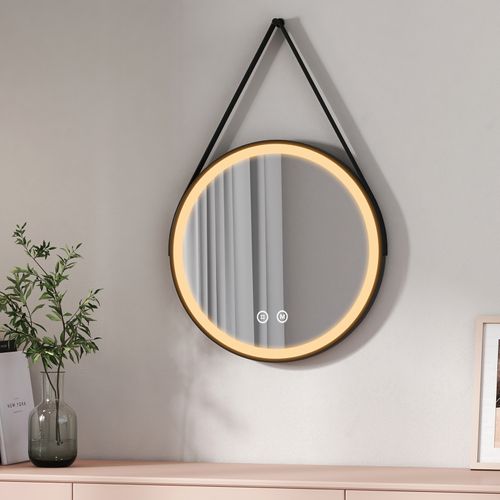Miroir Lumineux Salle De Bain Rond 50cm Tactile 3 Couleurs De Lumières Noir Sangle Réglable
