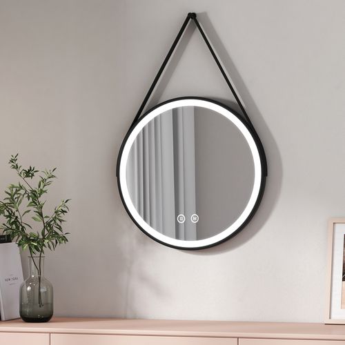 Miroir Lumineux Salle De Bain Rond 50cm Tactile 3 Couleurs De Lumières Noir Sangle Réglable