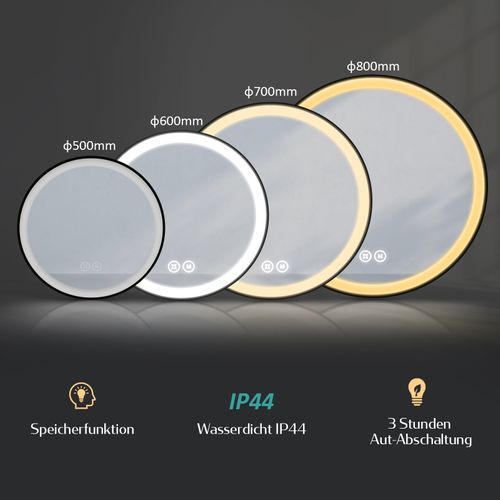Miroir Lumineux Salle De Bain Rond 50cm Tactile 3 Couleurs De Lumières Noir Sangle Réglable