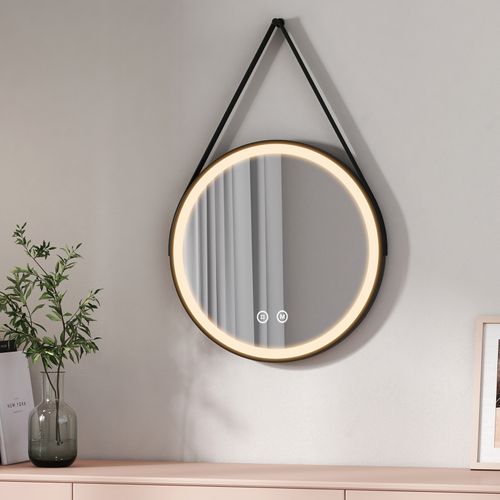 Miroir Lumineux Salle De Bain Rond 50cm Tactile 3 Couleurs De Lumières Noir Sangle Réglable