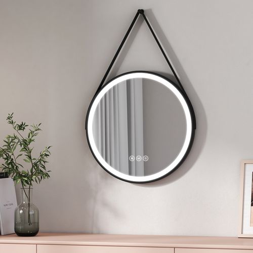 Miroir Lumineux Salle De Bain Rond 50cm Noir Anti-buée Tactile 3 Couleurs De LED Lumières
