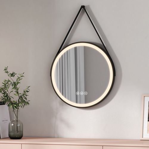 Miroir Lumineux Salle De Bain Rond 50cm Noir Anti-buée Tactile 3 Couleurs De LED Lumières