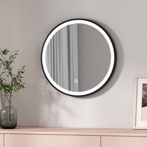 Miroir Lumineux Salle De Bain Rond 50cm Cadre Noir Tactile Lumière Froide Sangle Réglable