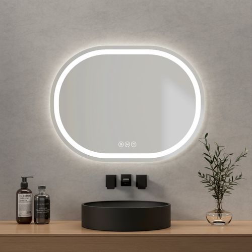 Miroir LED Salle De Bain Ovale 80x60cm Tactile Anti Buée Éclairage LED 3 Couleurs
