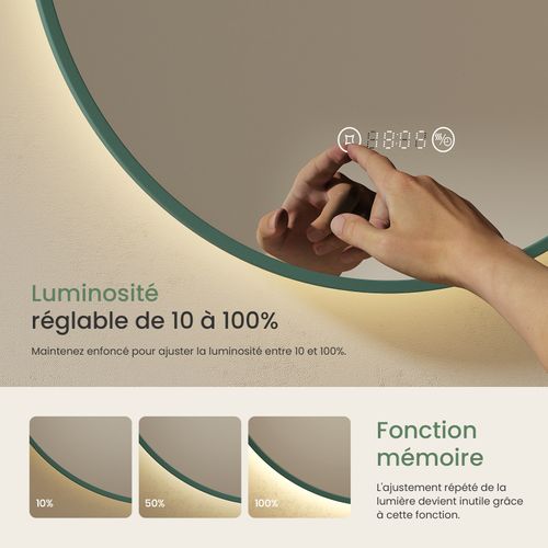 Miroir Lumineux Salle De Bain Rond 60cm Anti Buée Horloge Température Neutre Vert Foncé