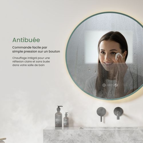 Miroir Lumineux Salle De Bain Rond 60cm Anti Buée Horloge Température Neutre Vert Foncé