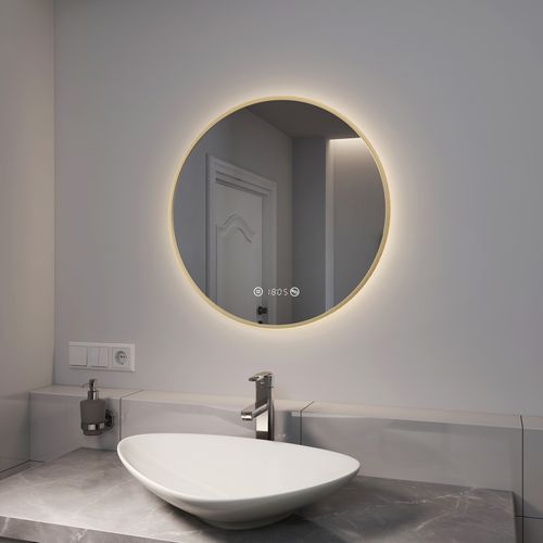 LED Miroir Lumineux Salle De Bain Rond 60cm Anti Buée Horloge Température Neutre Doré
