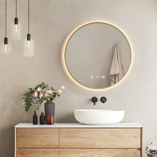 LED Miroir Lumineux Salle De Bain Rond 60cm Anti Buée Horloge Température Neutre Doré