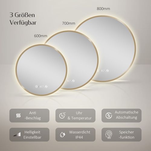 LED Miroir Lumineux Salle De Bain Rond 60cm Anti Buée Horloge Température Neutre Doré