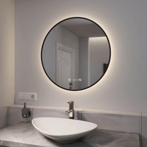 Miroir LED Lumineux Salle De Bain Rond 70cm Anti Buée Horloge Température Neutre Noir