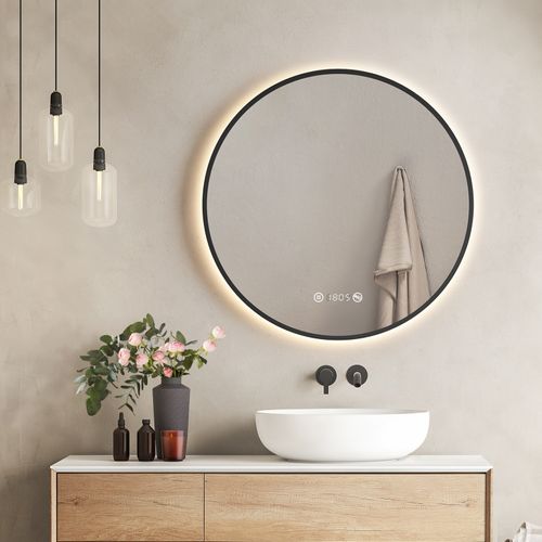 Miroir LED Lumineux Salle De Bain Rond 70cm Anti Buée Horloge Température Neutre Noir