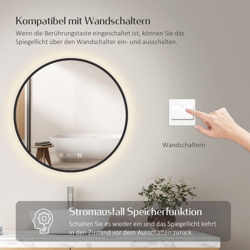Miroir LED Lumineux Salle De Bain Rond 70cm Anti Buée Horloge Température Neutre Noir