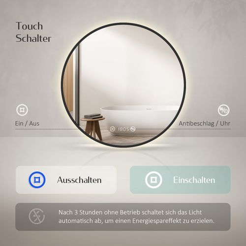 Miroir LED Lumineux Salle De Bain Rond 70cm Anti Buée Horloge Température Neutre Noir