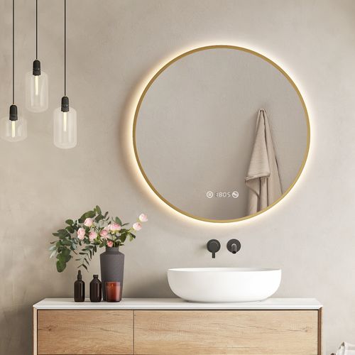 LED Miroir Lumineux Salle De Bain Rond 70cm Anti Buée Horloge Température Neutre Doré