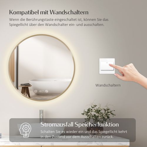 LED Miroir Lumineux Salle De Bain Rond 70cm Anti Buée Horloge Température Neutre Doré
