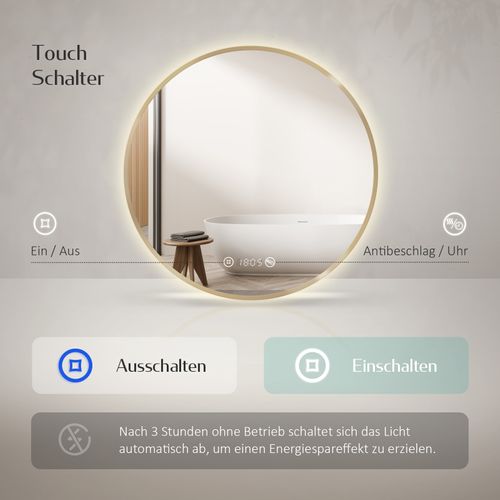 LED Miroir Lumineux Salle De Bain Rond 70cm Anti Buée Horloge Température Neutre Doré