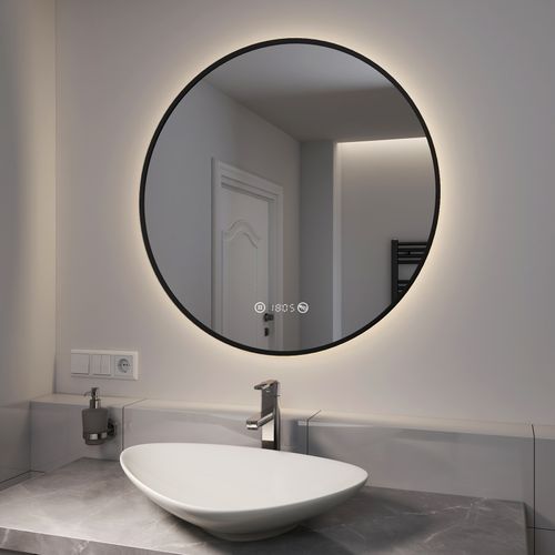 Miroir LED Lumineux Salle De Bain Rond 80cm Anti Buée Horloge Température Neutre Noir