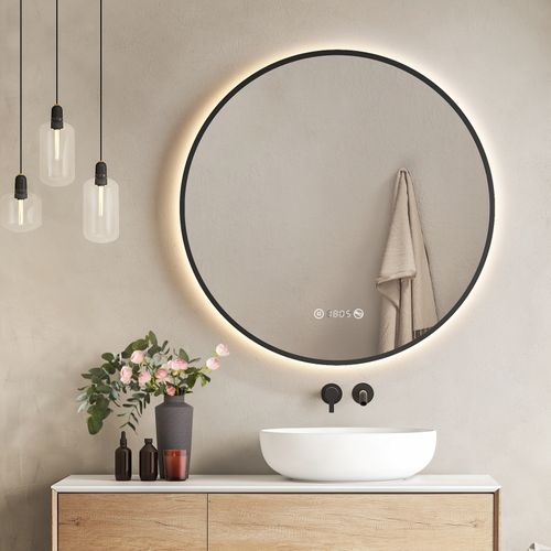 Miroir LED Lumineux Salle De Bain Rond 80cm Anti Buée Horloge Température Neutre Noir