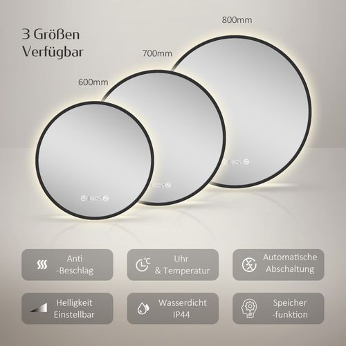 Miroir LED Lumineux Salle De Bain Rond 80cm Anti Buée Horloge Température Neutre Noir