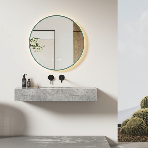 Miroir Lumineux Salle De Bain Rond 80cm Anti Buée Horloge Température Neutre Vert Foncé