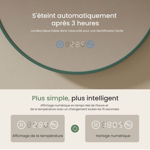 Miroir Lumineux Salle De Bain Rond 80cm Anti Buée Horloge Température Neutre Vert Foncé