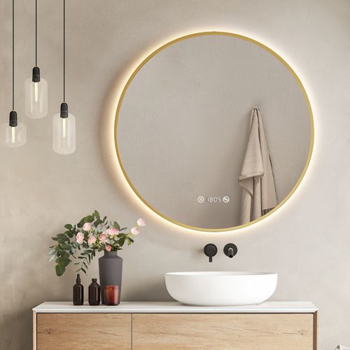 LED Miroir Lumineux Salle De Bain Rond 80cm Anti Buée Horloge Température Neutre Doré