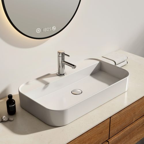 Vasque à Poser Rectangulaire 70x40x11cm Céramique Blanc Brillant Avec Trou Robinet