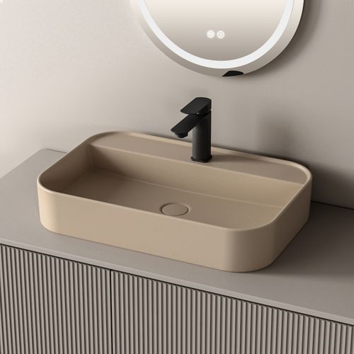 Vasque à Poser Rectangulaire 60x40x11cm Céramique Beige Mat Avec Trou Robinet