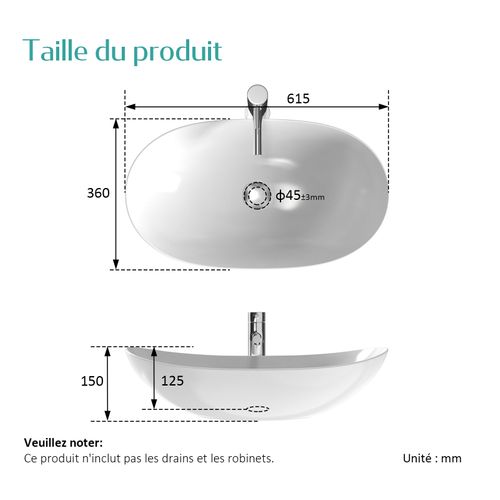Vasque à Poser Ovale 61,5x36x15,5 Cm Céramique Blanc Brillant Avec Trou Robinet