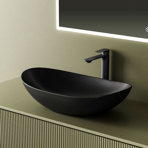 Vasque à Poser Ovale 61,5 X 36 X 15,5 Cm Céramique Noir Mat Avec Trou Robinet