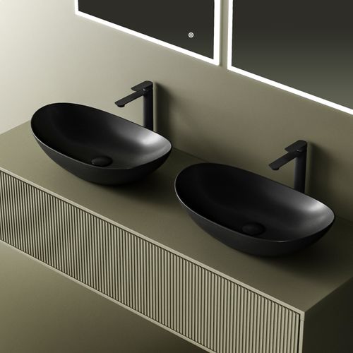 Vasque à Poser Ovale 61,5 X 36 X 15,5 Cm Céramique Noir Mat Avec Trou Robinet