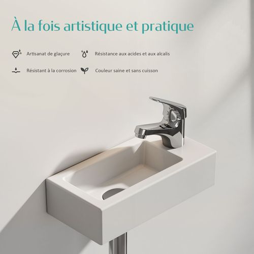 Vasque Suspendue Rectangulaire 36,5x18x9cm Céramique Blanc Brillant Avec Trou Robinet