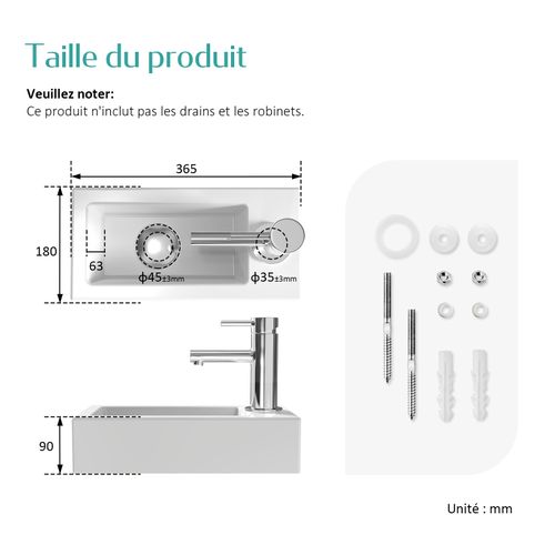 Vasque Suspendue Rectangulaire 36,5x18x9cm Céramique Blanc Brillant Avec Trou Robinet