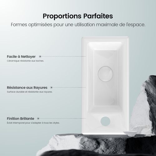 Vasque Suspendue Rectangulaire 36,5x18x9cm, Céramique, Blanc Brillant, Trou De Robinet à Droite