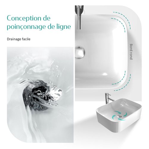 Vasque à Poser Rectangulaire 61x38x15 Cm Céramique Blanc Brillant Avec Trou Robinet