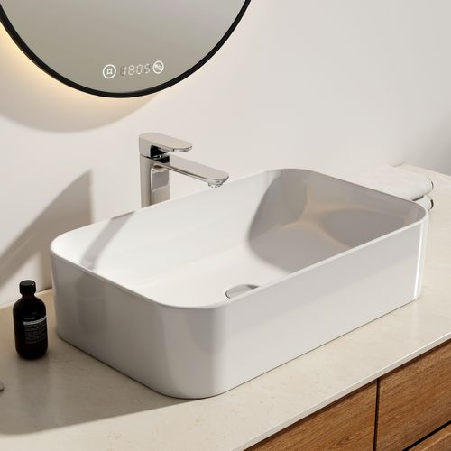 Vasque à Poser Rectangulaire 61x38x15 Cm Céramique Blanc Brillant Avec Trou Robinet