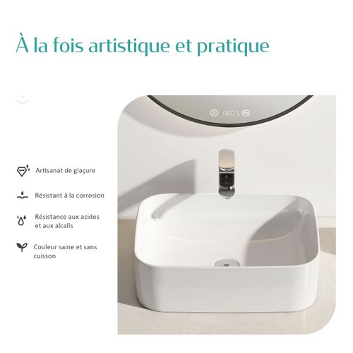 Vasque à Poser Rectangulaire 61x38x15 Cm Céramique Blanc Brillant Avec Trou Robinet