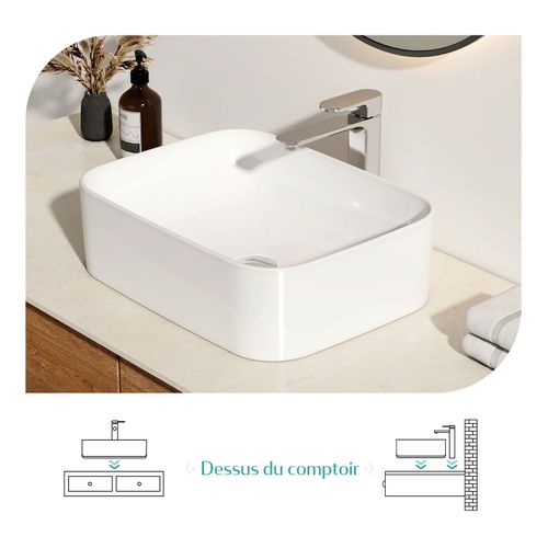 Vasque à Poser Rectangulaire 61x38x15 Cm Céramique Blanc Brillant Avec Trou Robinet