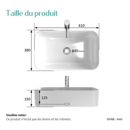 Vasque à Poser Rectangulaire 61x38x15 Cm Céramique Blanc Brillant Avec Trou Robinet