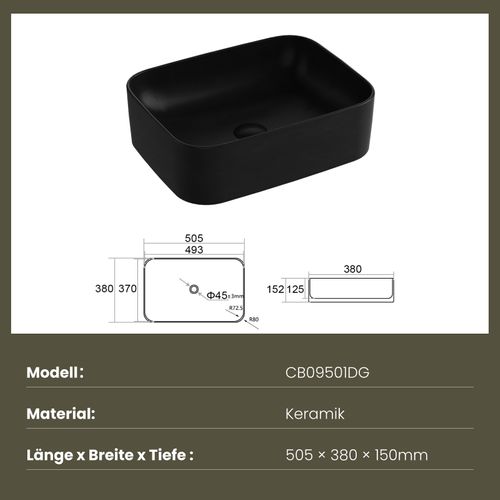 Vasque à Poser Rectangulaire 50,5x38x15 Cm Céramique Gris Foncé Mat Avec Trou Robinet