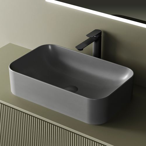 Vasque à Poser Rectangulaire 61x38x15 Cm Céramique Gris Foncé Mat Avec Trou Robinet