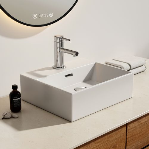 Vasque à Poser Rectangulaire 41,5x36x13 Cm Céramique Blanc Brillant Avec Trou Robinet