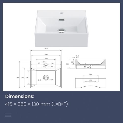 Vasque à Poser Rectangulaire 41,5x36x13 Cm Céramique Blanc Brillant Avec Trou Robinet