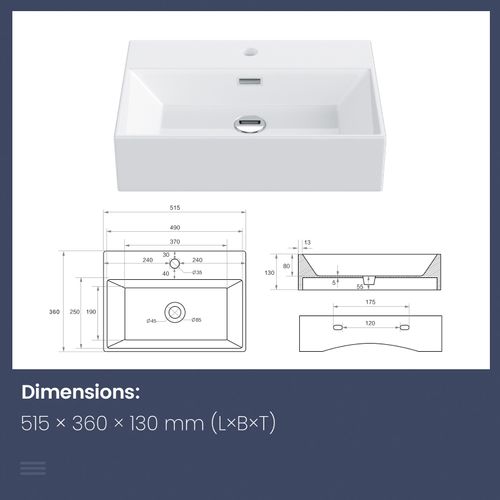 Vasque à Poser Rectangulaire 51,5x36x13 Cm Céramique Blanc Brillant Avec Trou Robinet