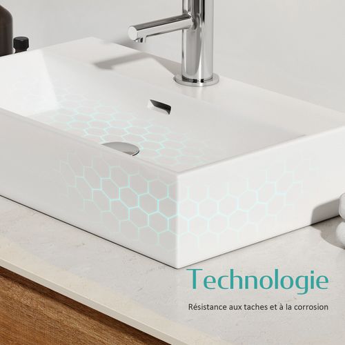 Vasque à Poser Rectangulaire 60x36x13 Cm Céramique Blanc Brillant Avec Trou Robinet