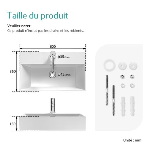 Vasque à Poser Rectangulaire 60x36x13 Cm Céramique Blanc Brillant Avec Trou Robinet