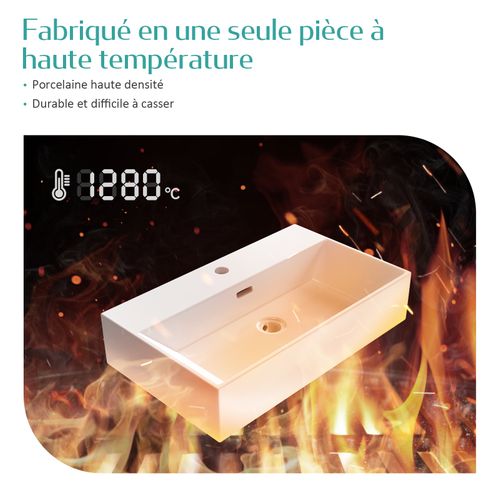Vasque à Poser Rectangulaire 60x36x13 Cm Céramique Blanc Brillant Avec Trou Robinet