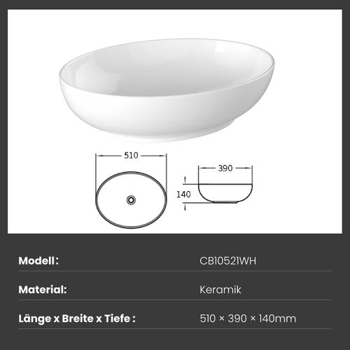 Vasque à Poser Ovale 52 X 39x13 Cm Céramique Blanc Brillant Avec Trou Robinet