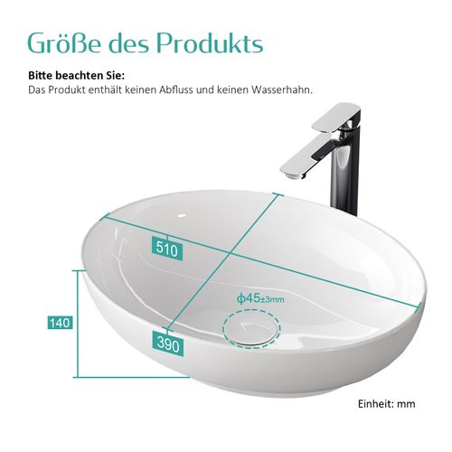 Vasque à Poser Ovale 52 X 39x13 Cm Céramique Blanc Brillant Avec Trou Robinet